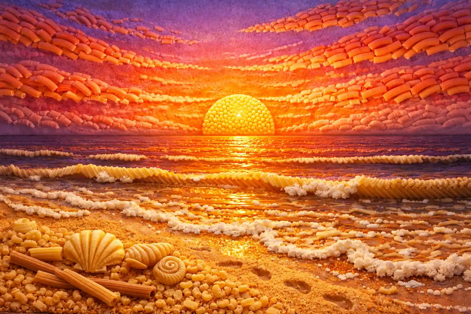 Macaroni sunset over a tranquil pasta crafted beach