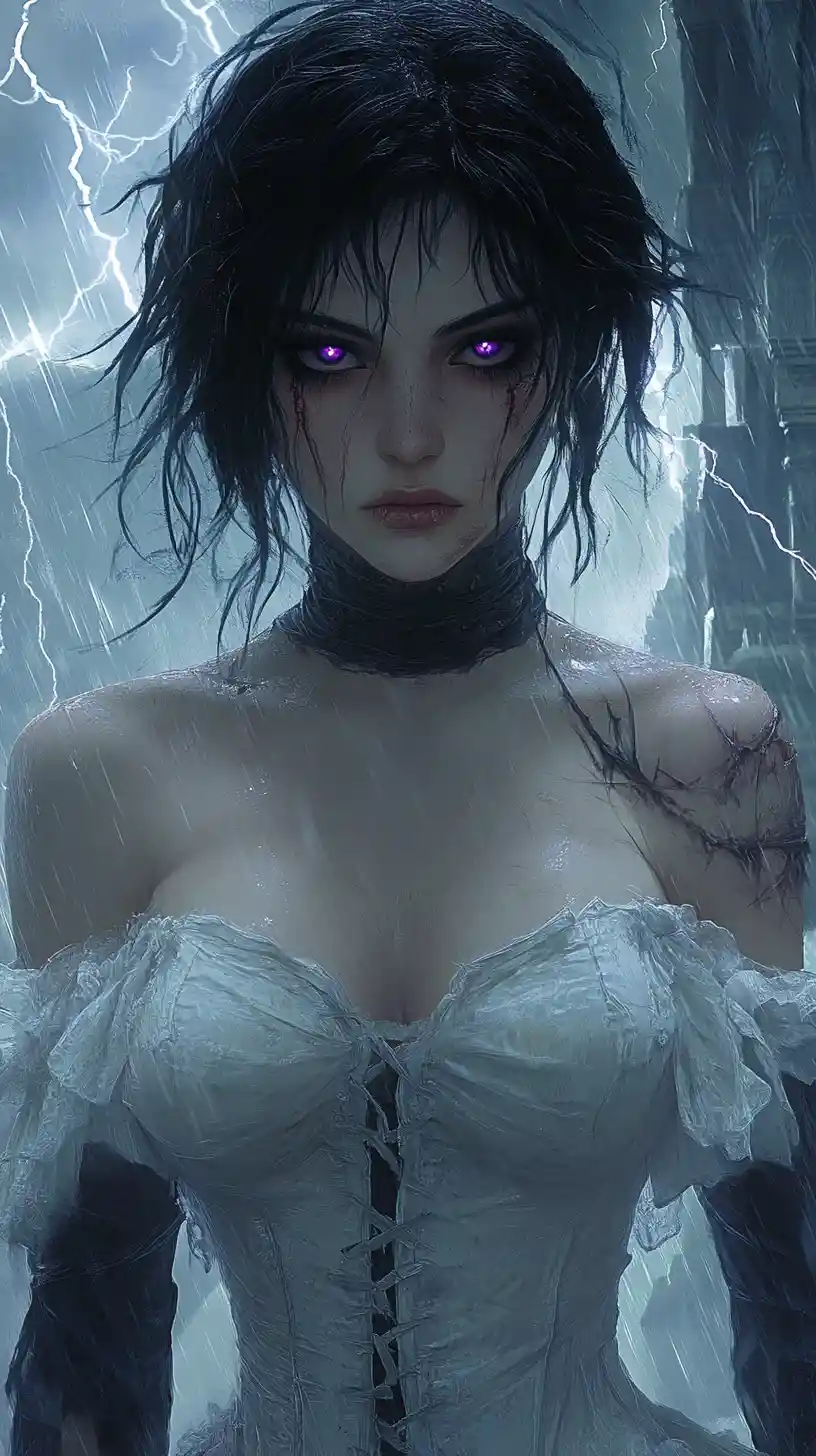 Scarred dark haired woman under lightning filled gothic sky