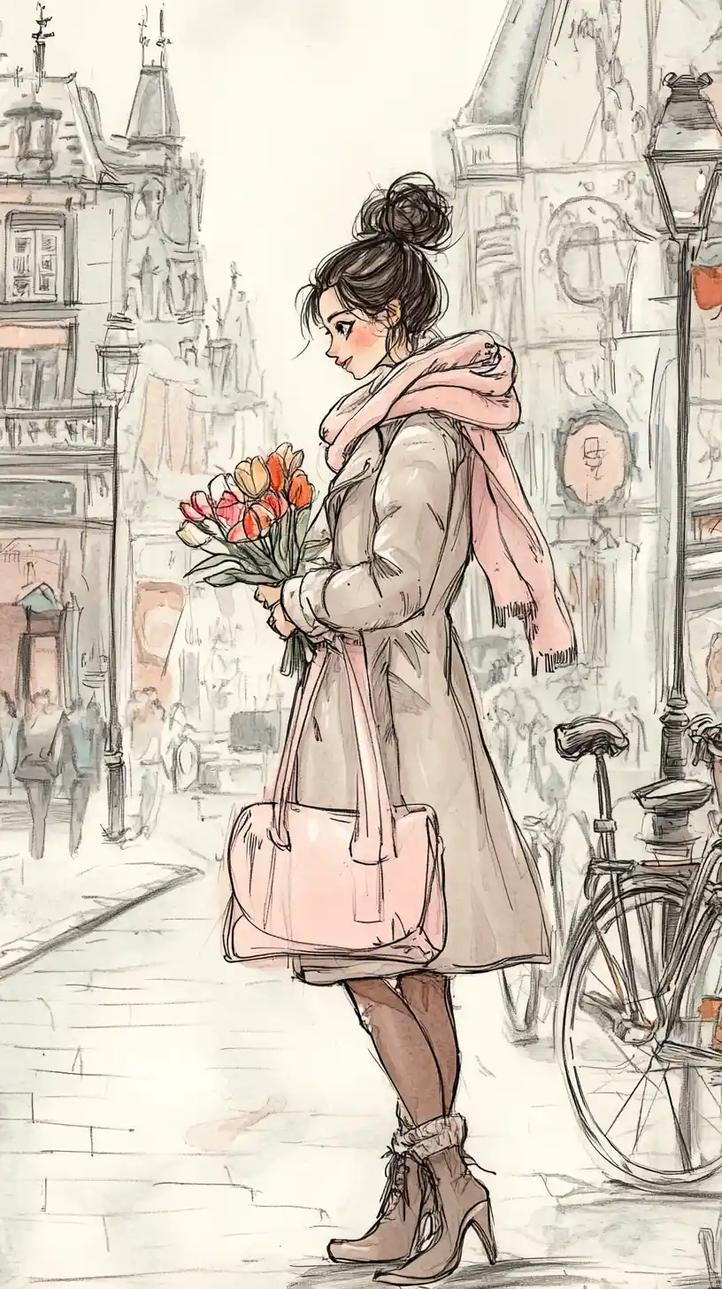 Young woman with tulips on a charming European street