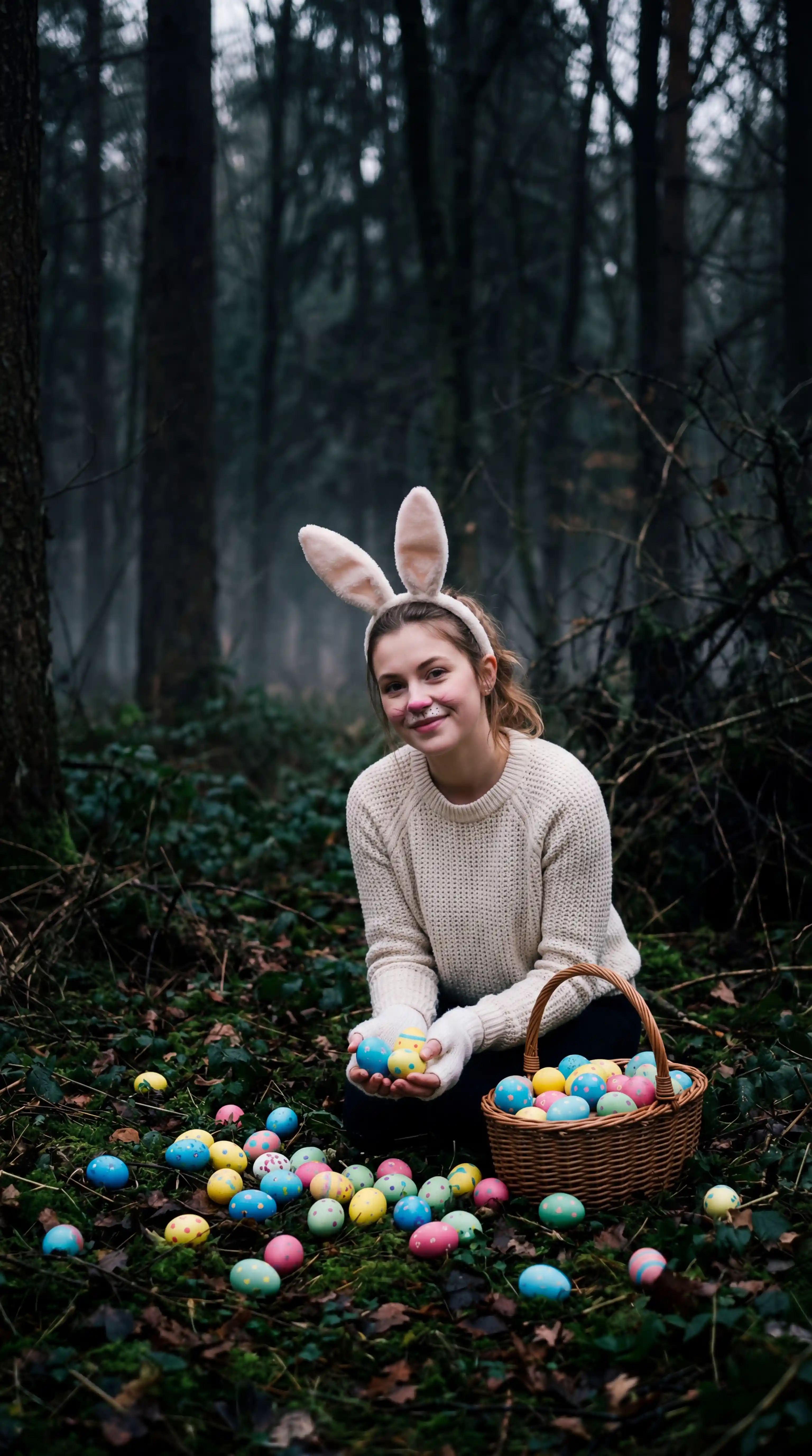 Giovane ragazza in costume da coniglio di Pasqua in una foresta oscura