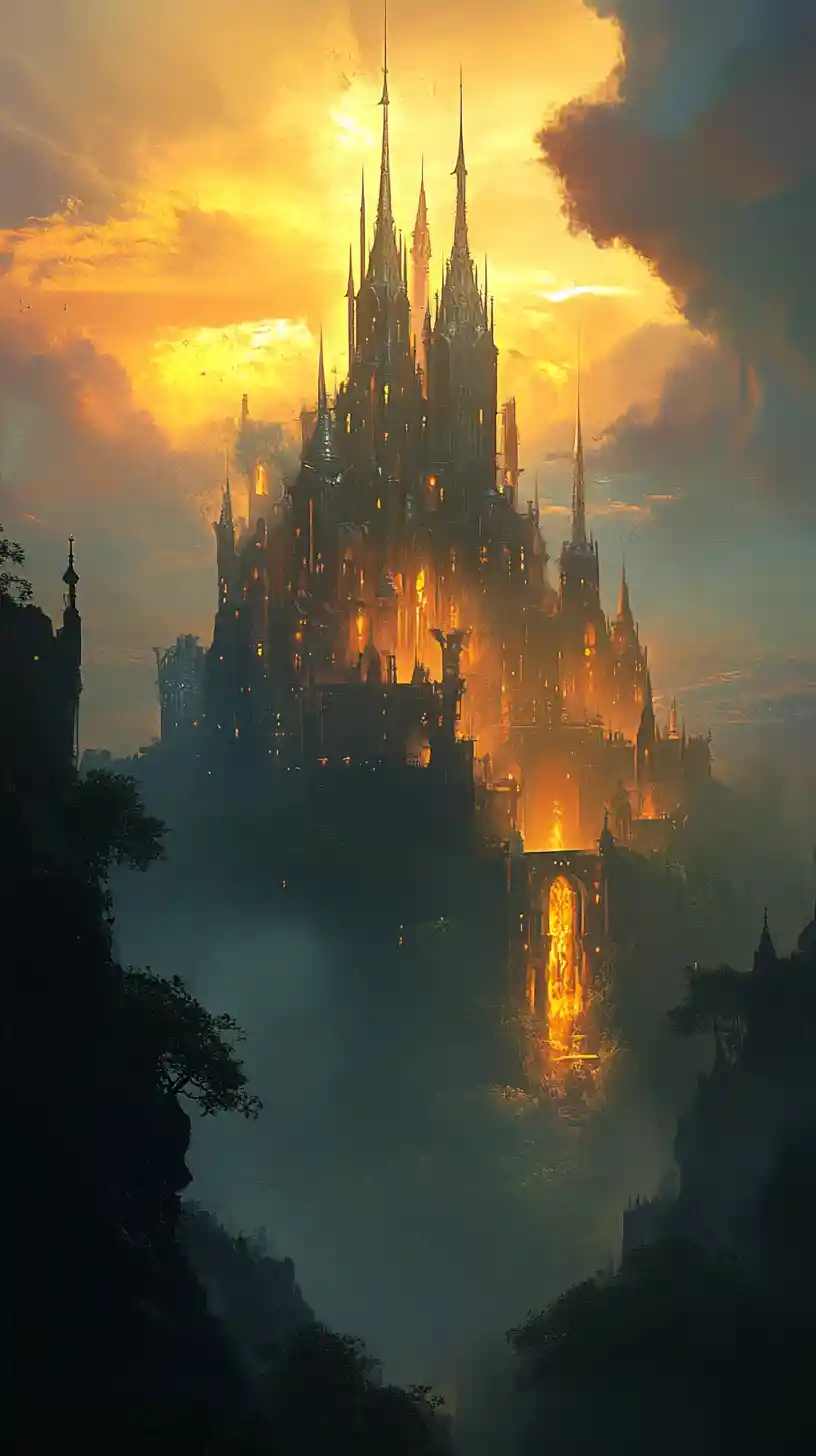 Ethereal fantasy castle rising into a glowing sunset sky