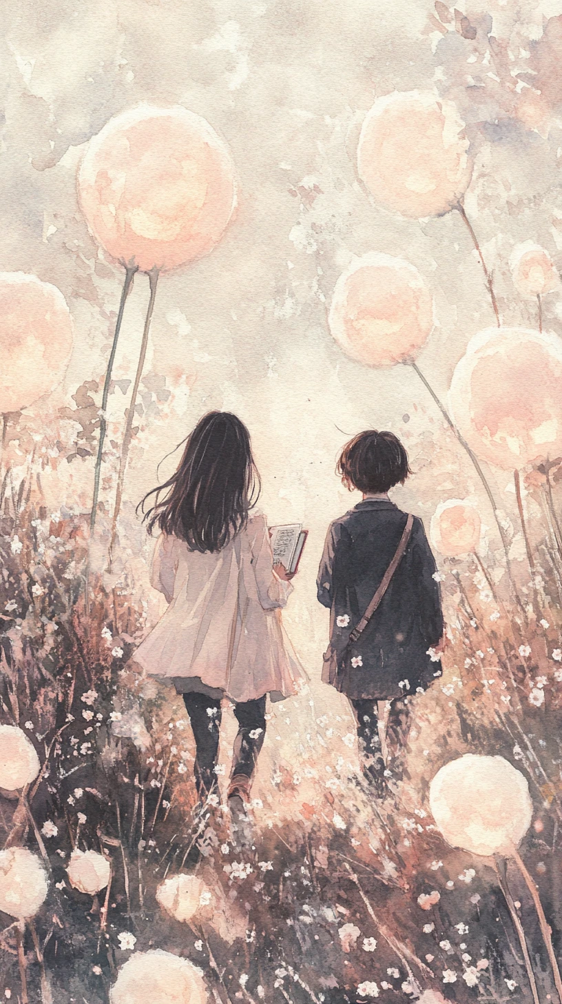 Two young friends walking through a glowing flower meadow
