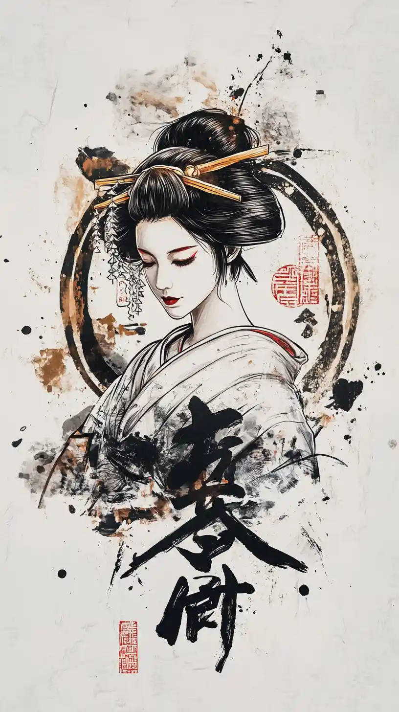 Design vintage per t-shirt con geisha sumi-e e tipografia