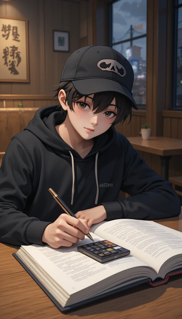 暖かな灯りの居心地の良いカフェで勉強するアニメの男の子