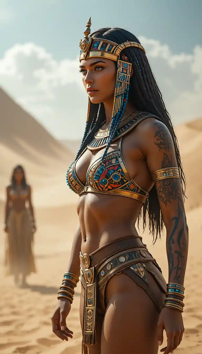 Egyptian warrior woman standing in a dramatic desert storm