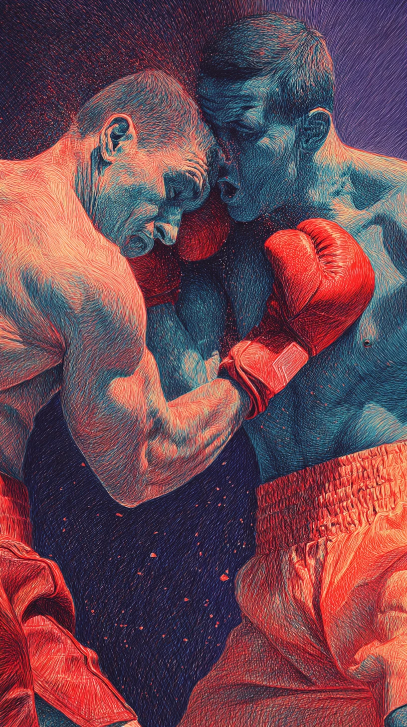 Drammatica illustrazione a matite colorate di due pugili che si scambiano colpi