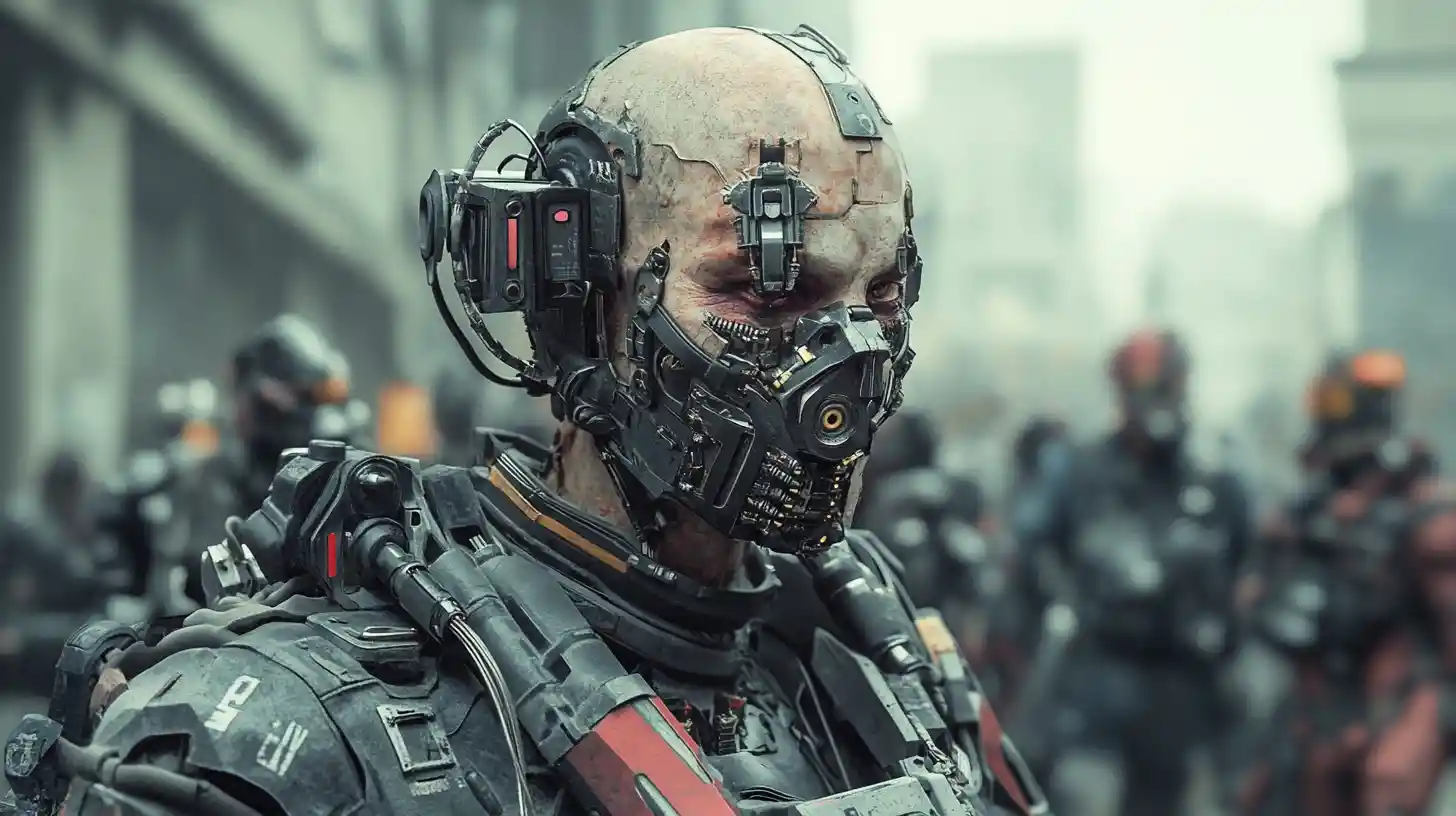 Lavoratore cyborg con torso meccanico in paesaggio urbano industriale