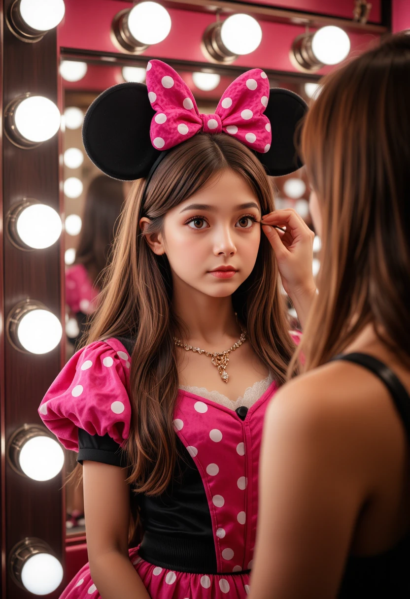 Ragazzo con abito rosa di Minnie truccato in una boutique