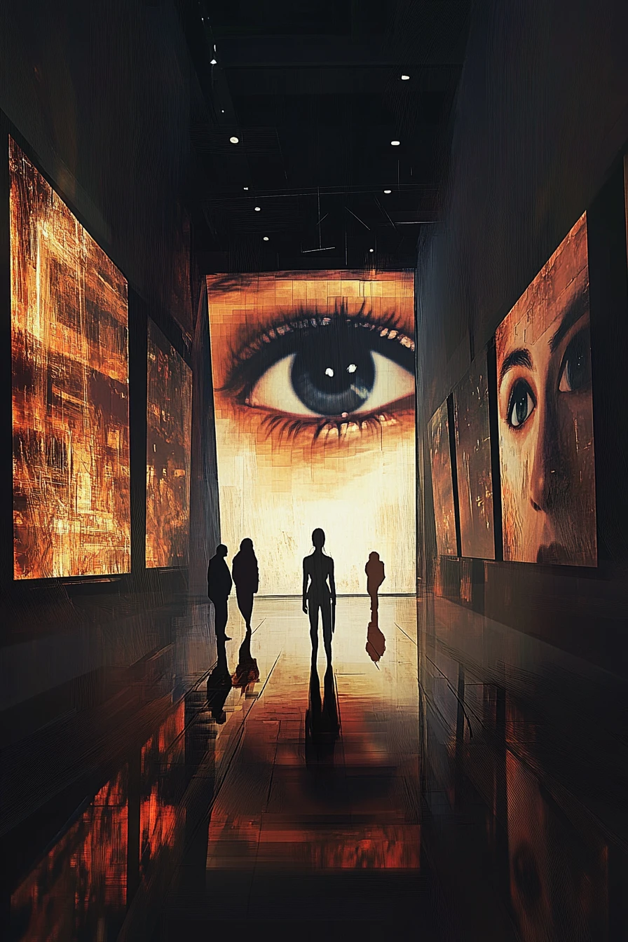 Scène satirique sombre dans une galerie moderne avec art lumineux
