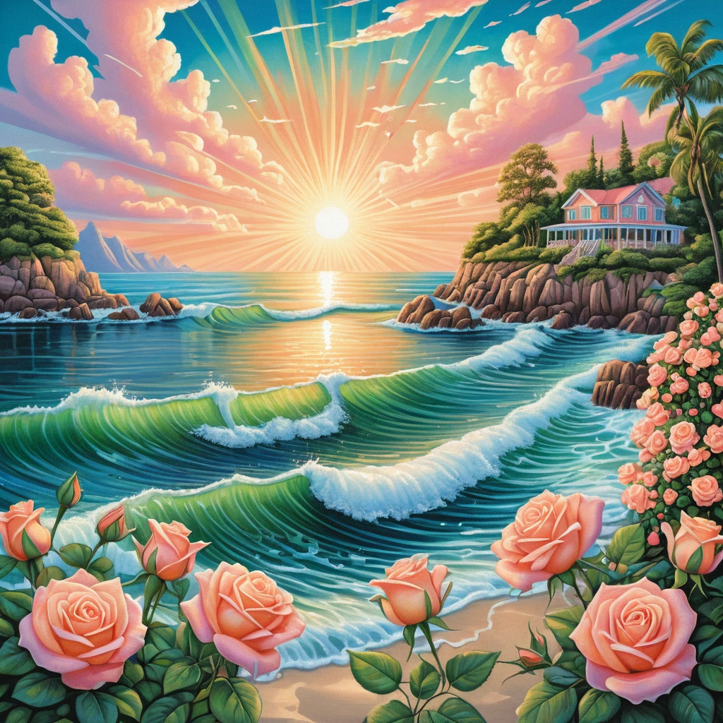 夏日陽光灑落的海景與盛開的蜜桃色玫瑰