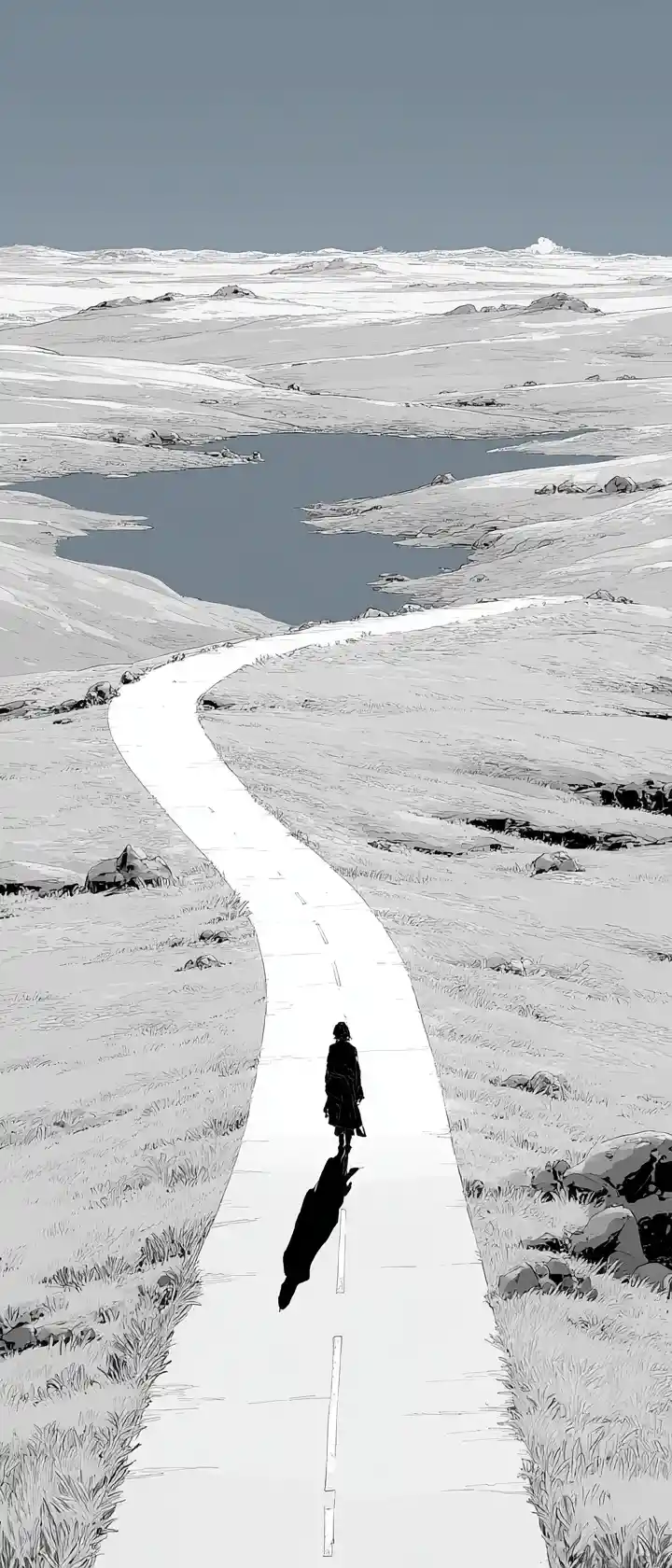 Lone anime wanderer walking a road through empty hills