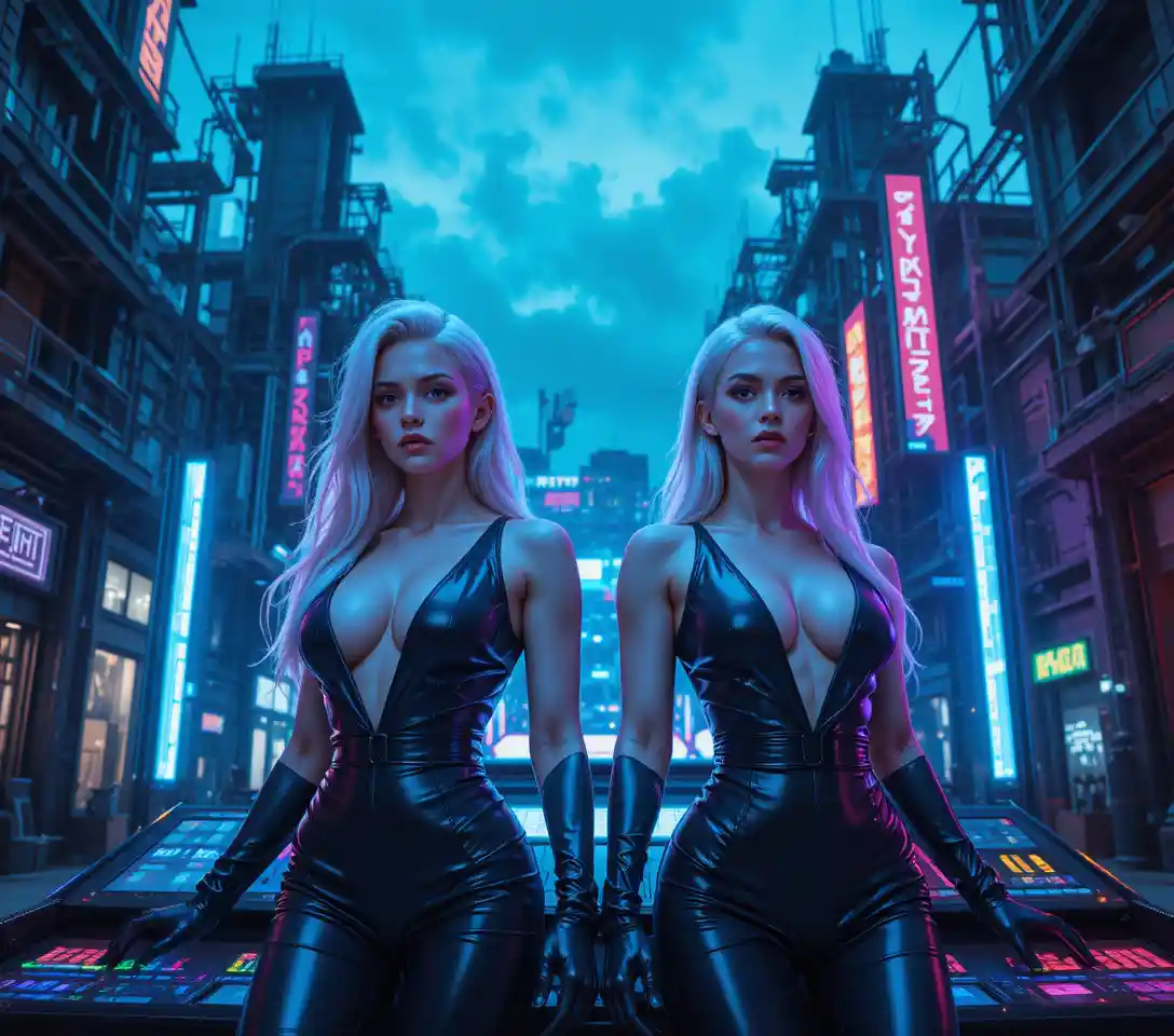 Zwei Cyberpunk-Frauen Rücken an Rücken in der Neonstadt