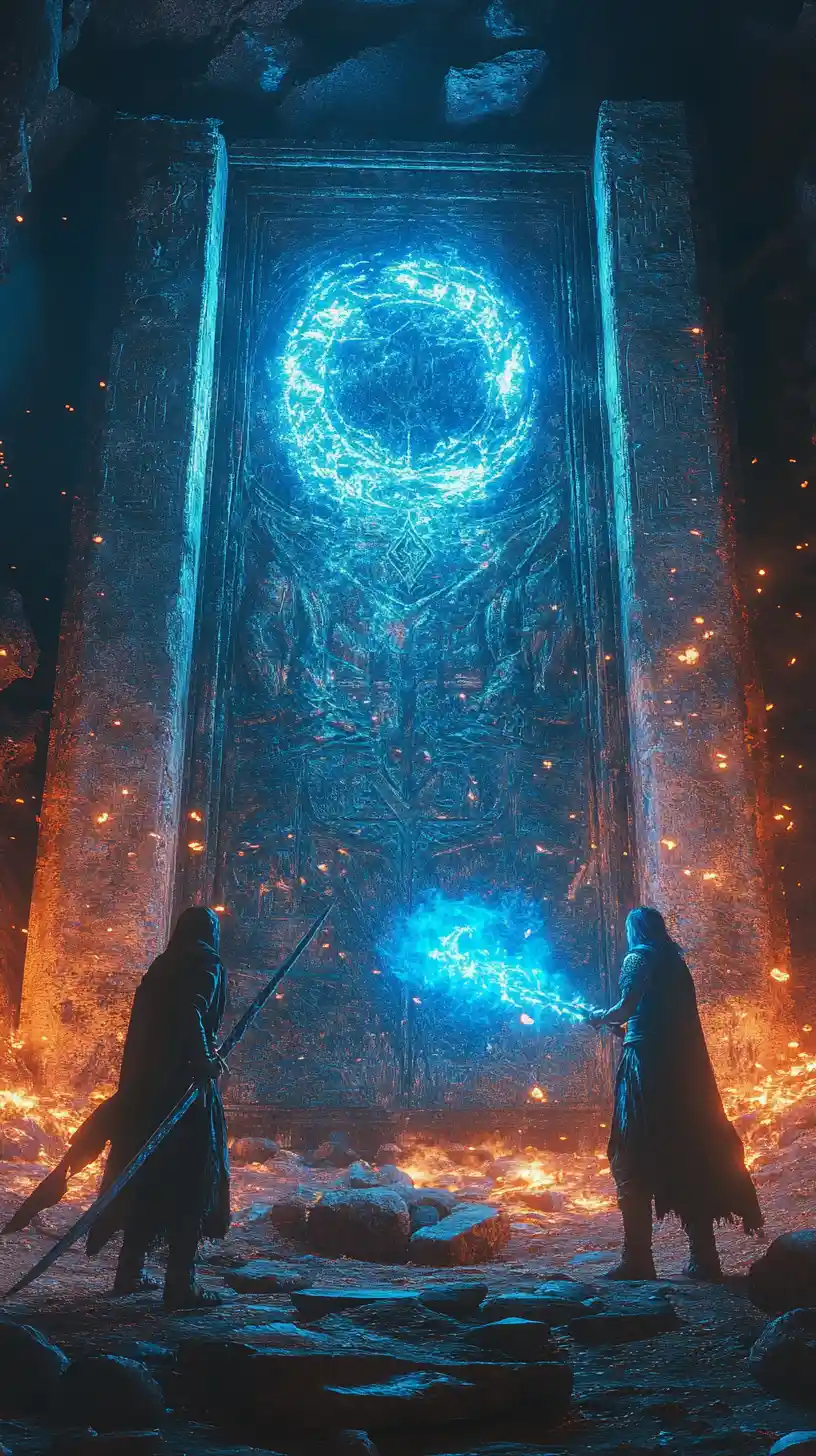 Two warriors facing a colossal rune carved fantasy portal