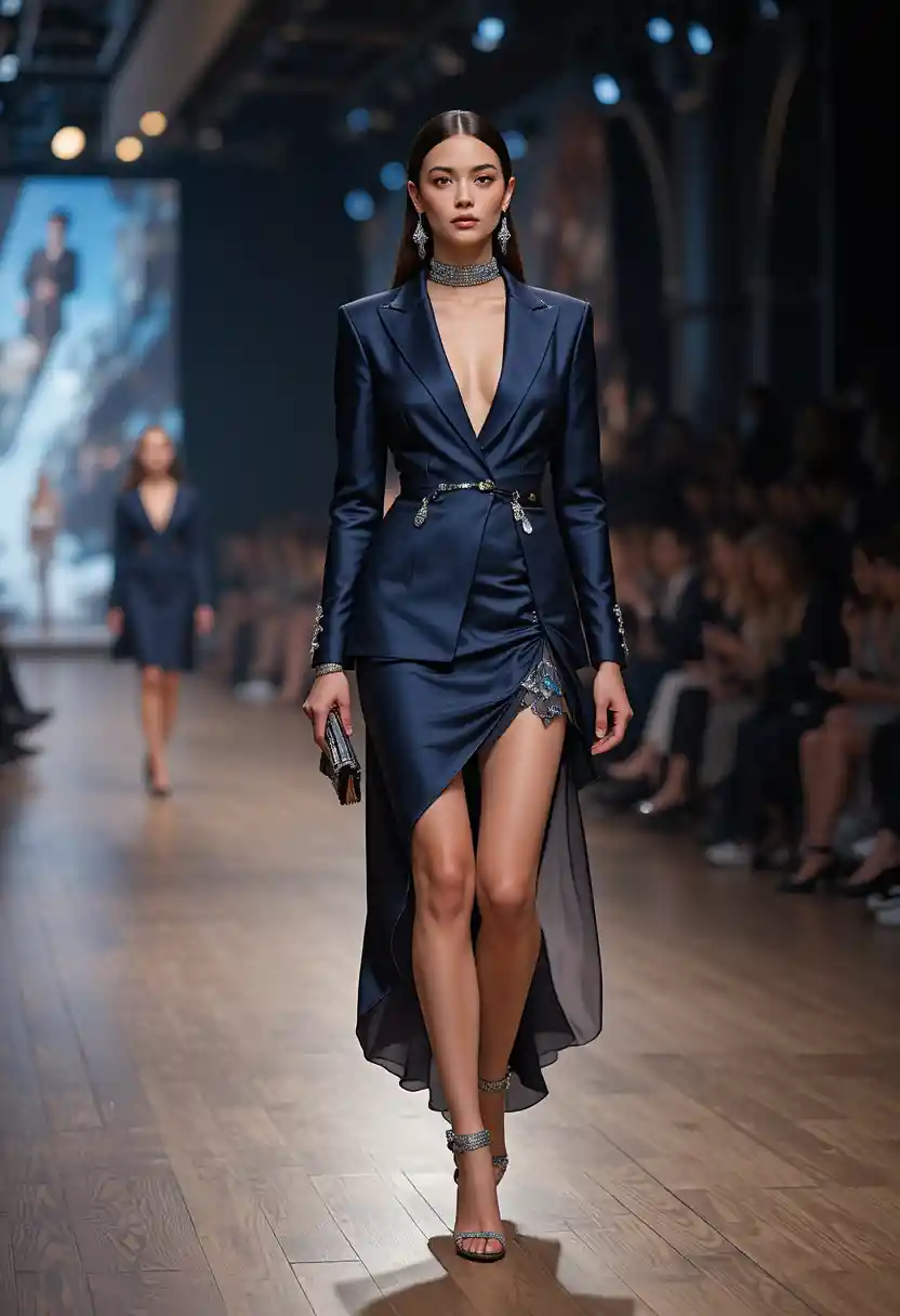 Ilustração de moda de passarela de mulher com blazer navy de alta-costura