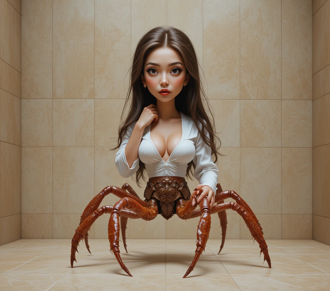 Macro close up of a brown spider on beige tiled floor