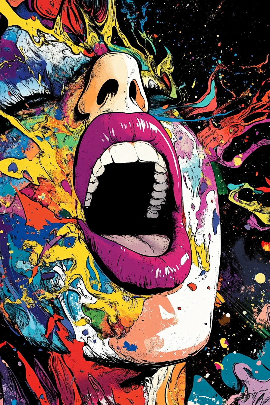 Colorful cosmic scene with macro lips in comic style