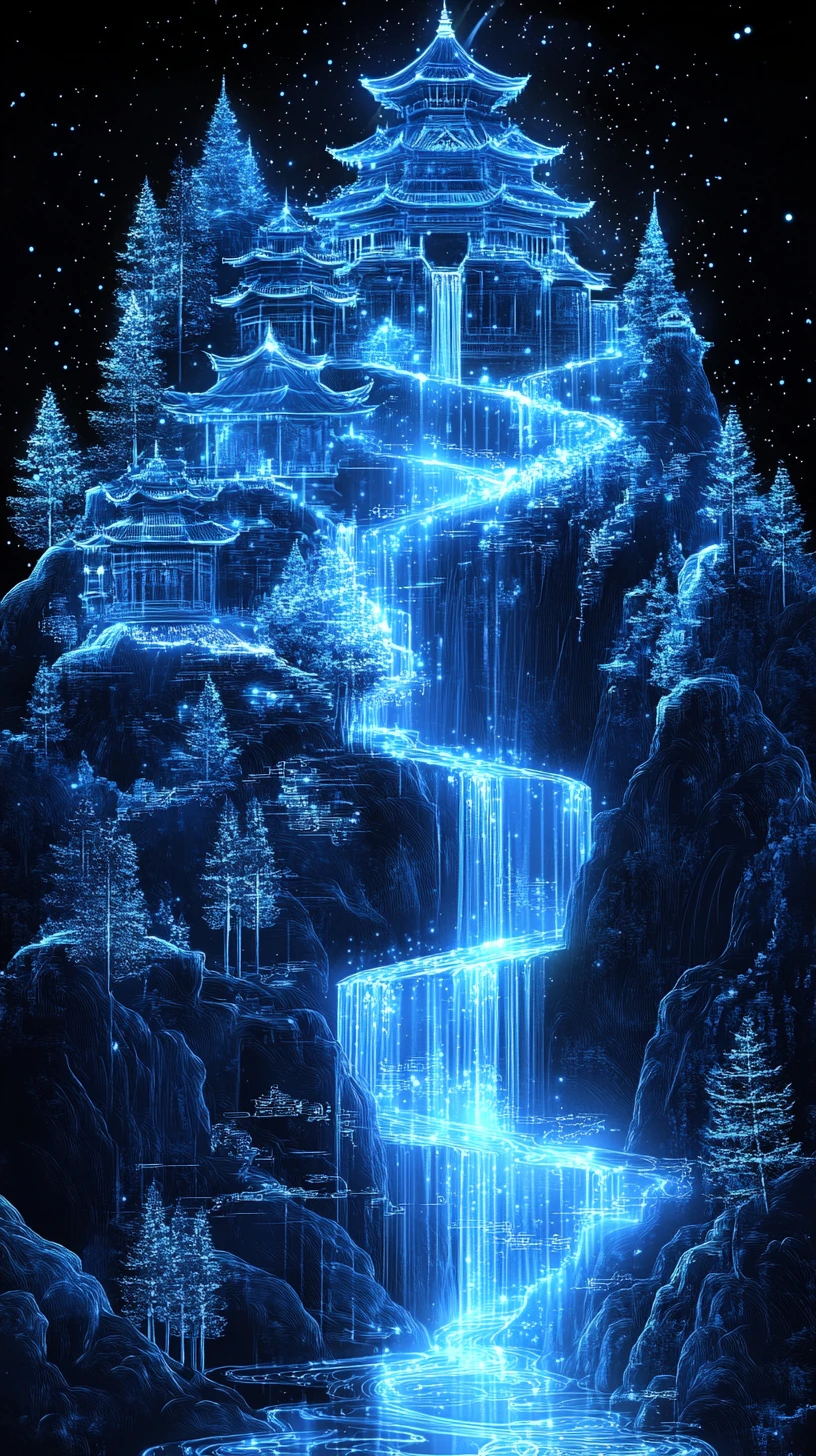 Pagode di Montagna Blu Luminescenti che Sbocciano da una Pergamena di Cristallo