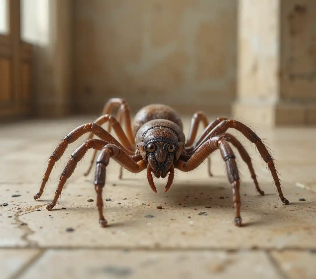 Close up brown garden spider on beige tiled floor