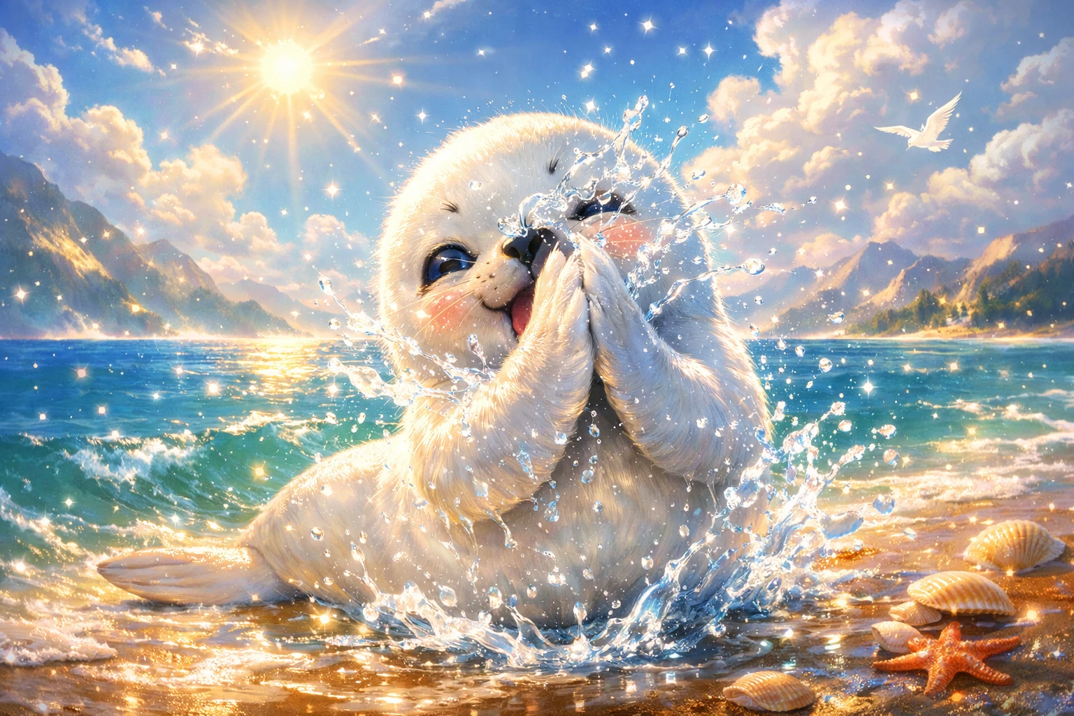 Cucciolo di foca giocherellone che batte le pinne su una spiaggia soleggiata