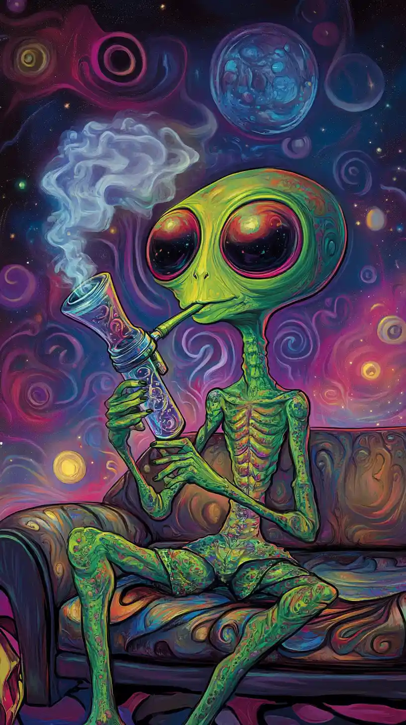 Colorful alien relaxing on a smoky couch with bong