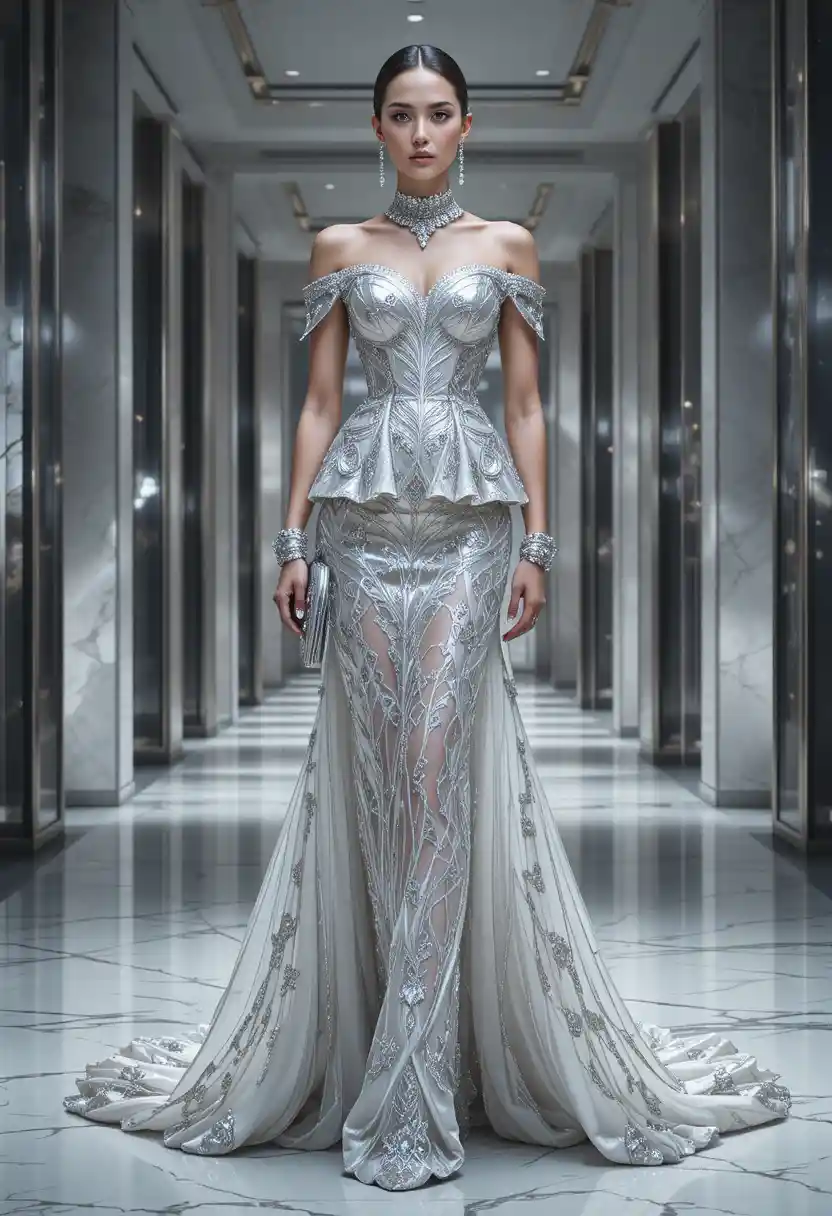 Elegante donna couture in abito da sera scultoreo color platino