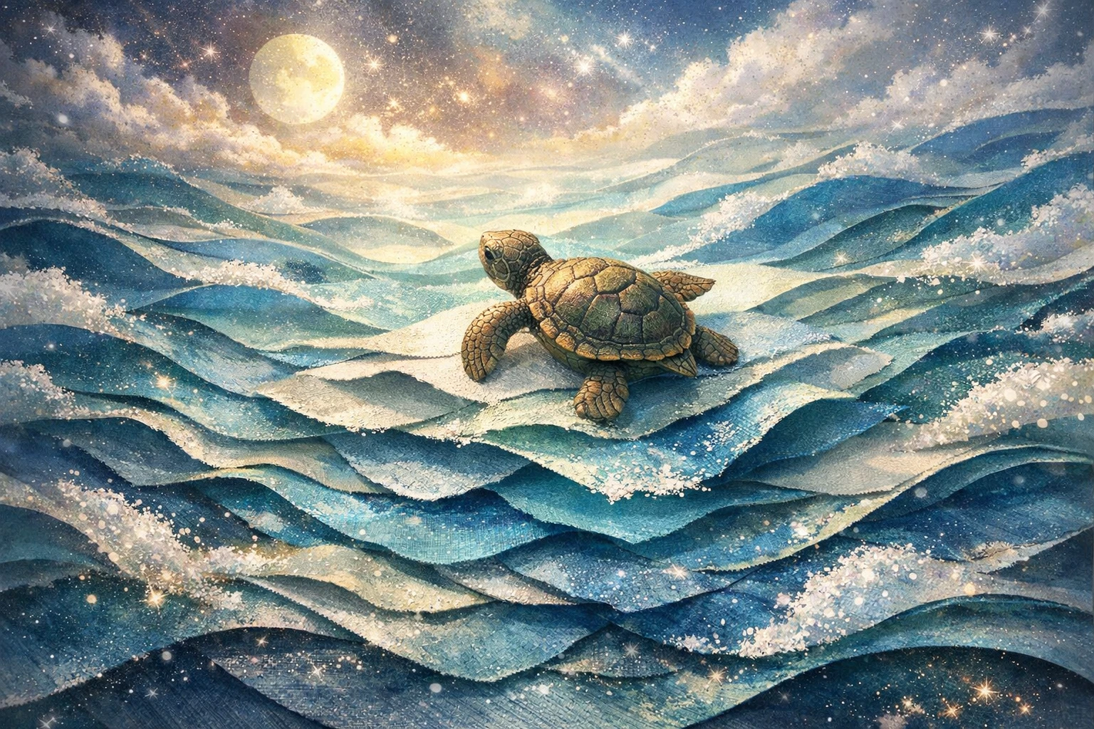 俯視層疊紙浪上行走的小海龜