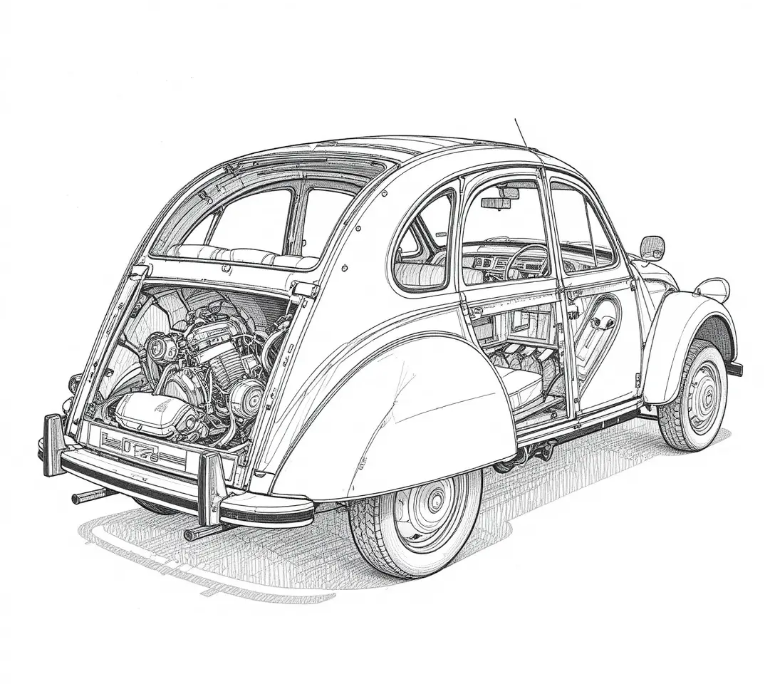 Technical cutaway drawing of a classic car in isometric view