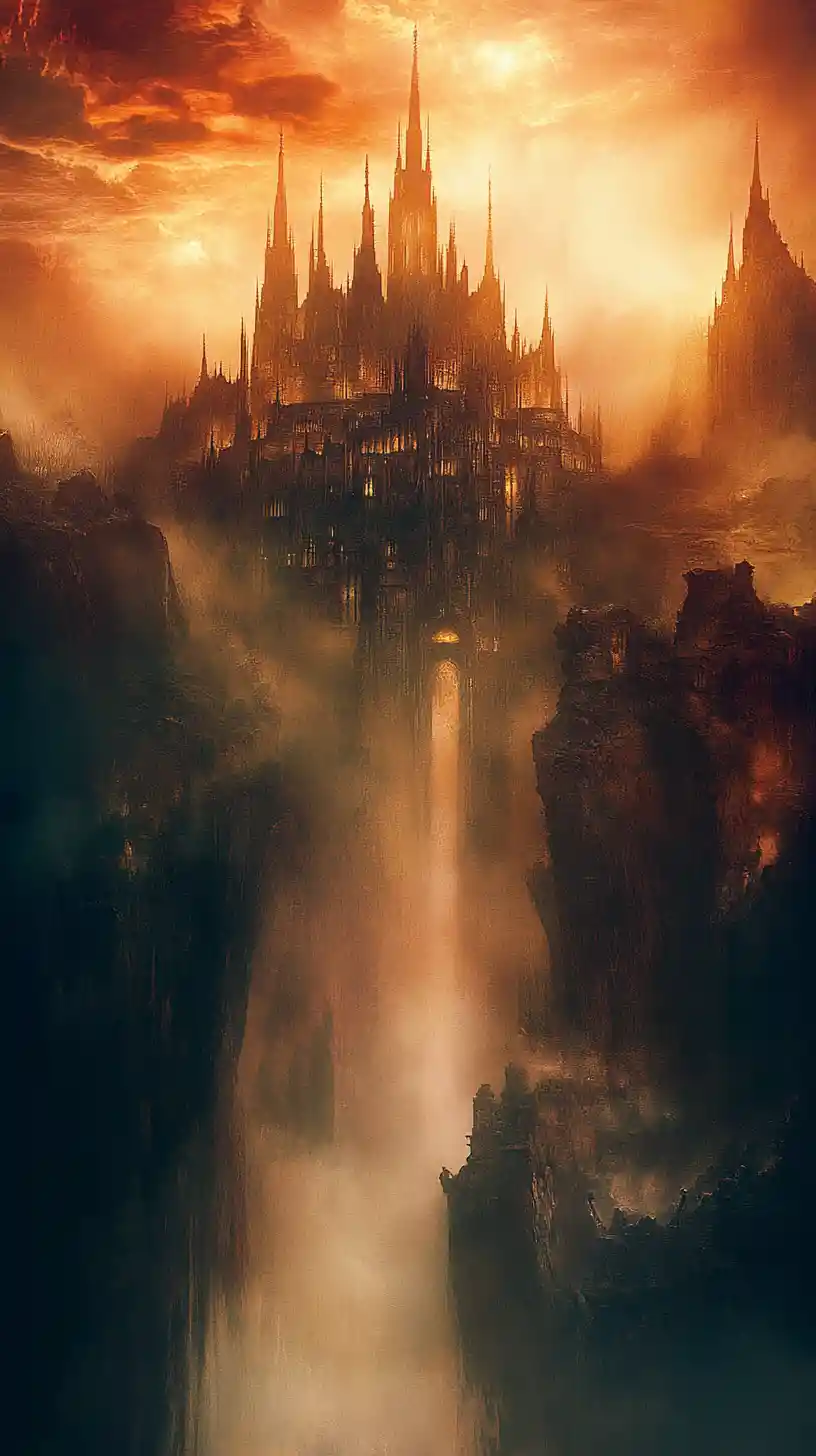 Ethereal castle rising through mist in golden sunset sky