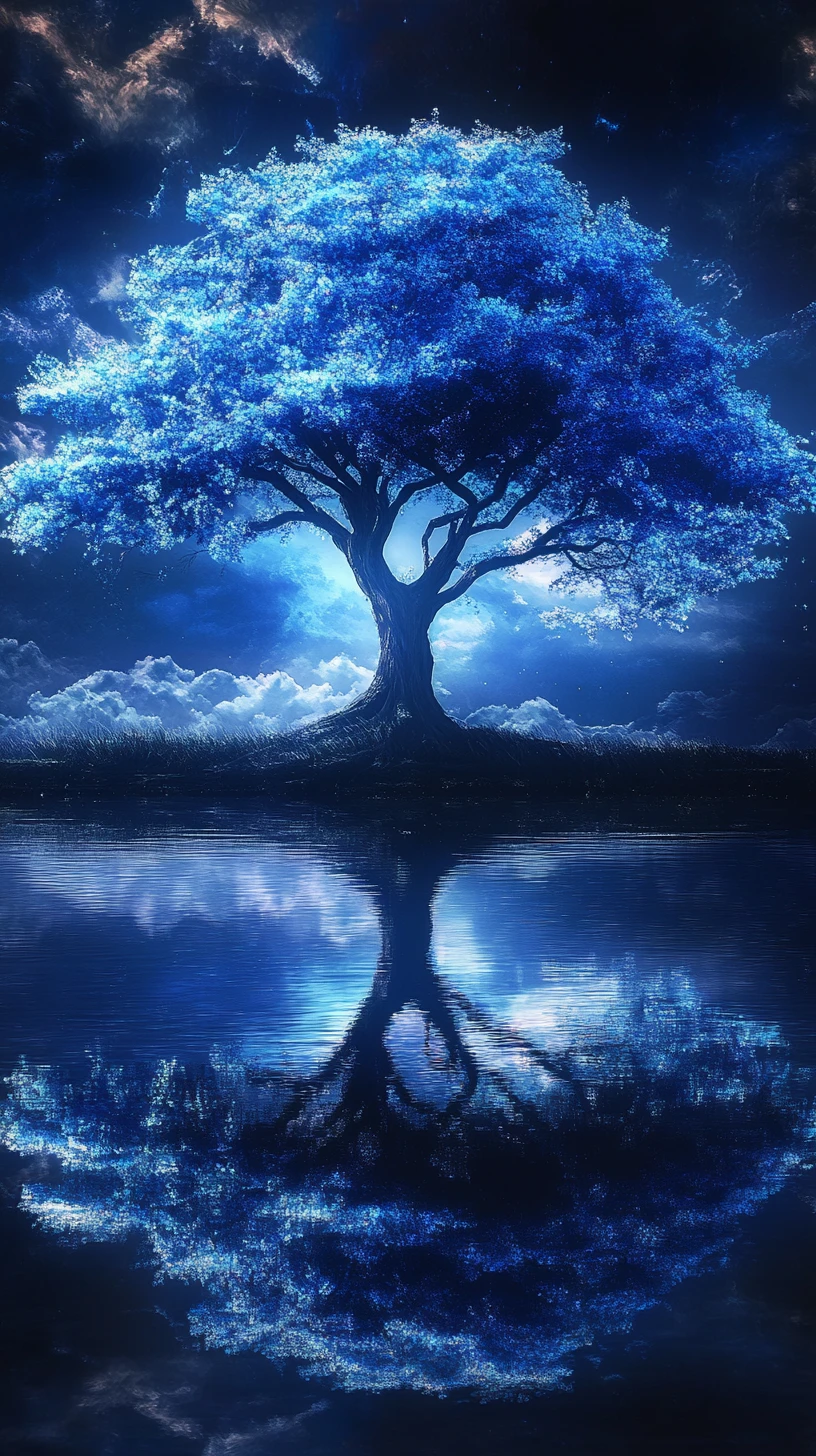 Árvore azul luminosa refletida na água escura e parada