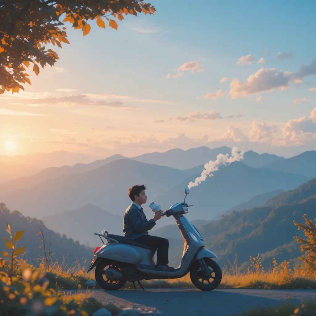 Ragazzo che si riposa accanto al suo scooter su una tranquilla strada di montagna