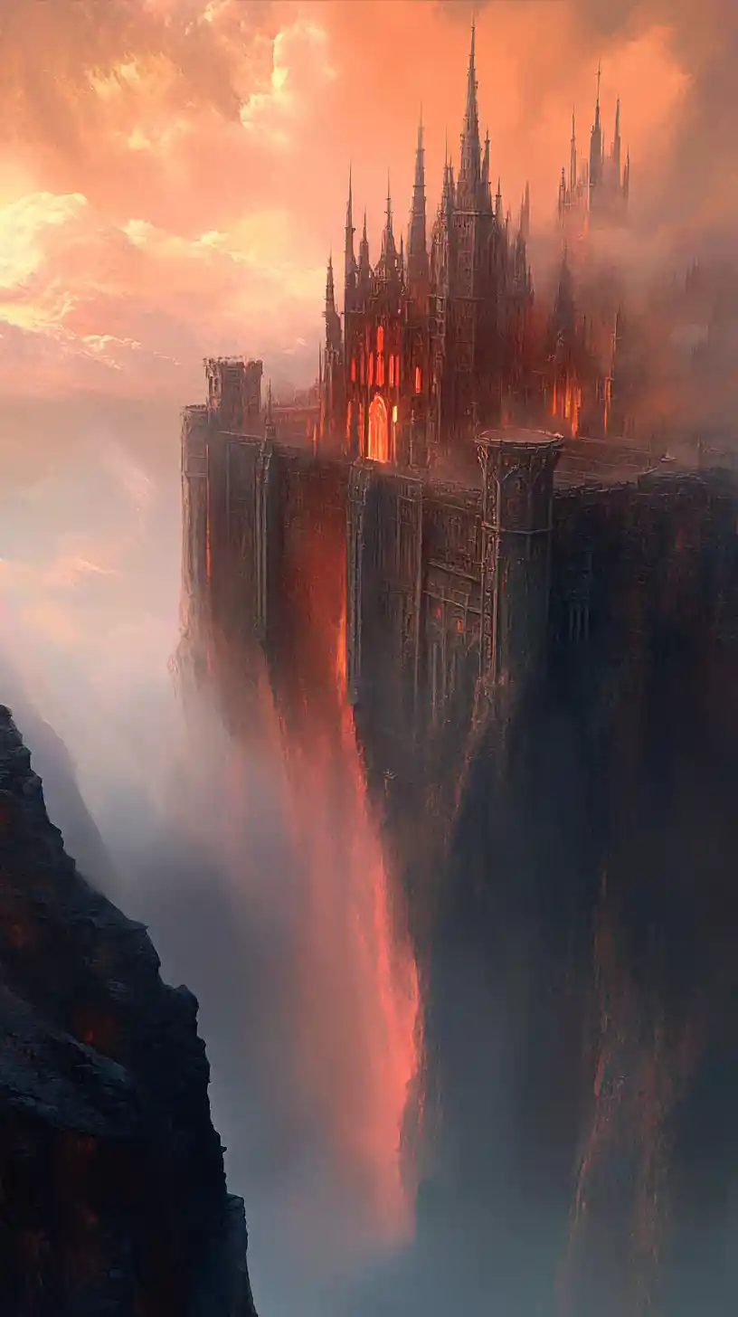 Ethereal castle rising through mist in golden sunset sky
