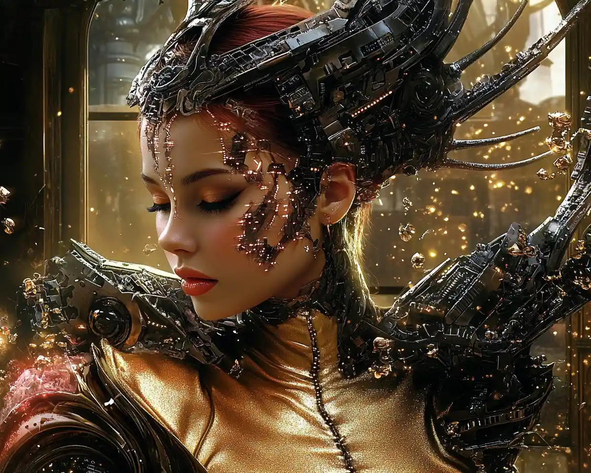 Jovem gueixa cyberpunk em um estúdio gótico escuro