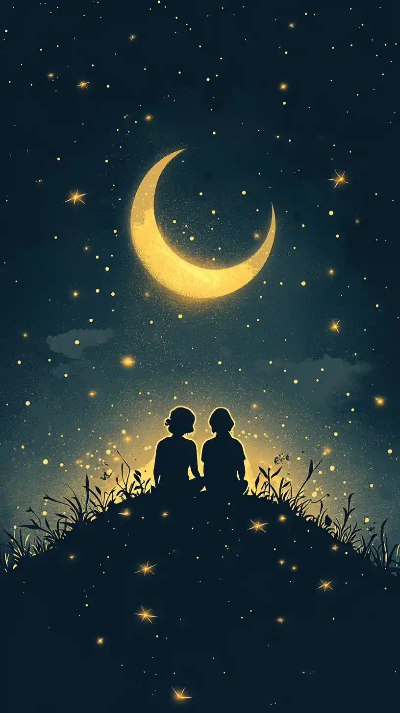 Two silhouettes under a crescent moon with glowing fireflies