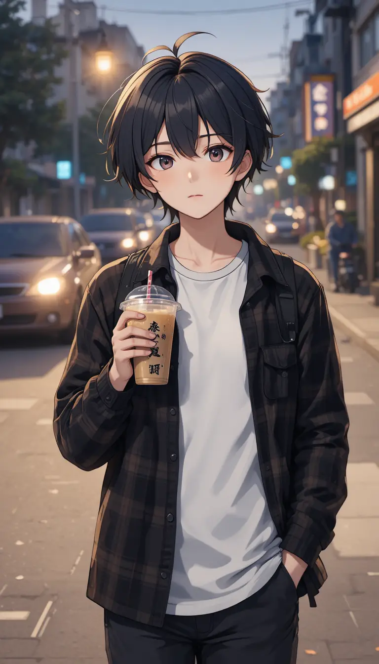 Anime teen on city street with evening drink