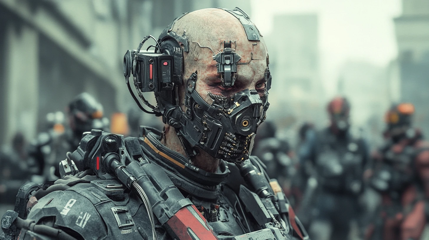 Lavoratore cyborg con torso meccanico in paesaggio urbano industriale
