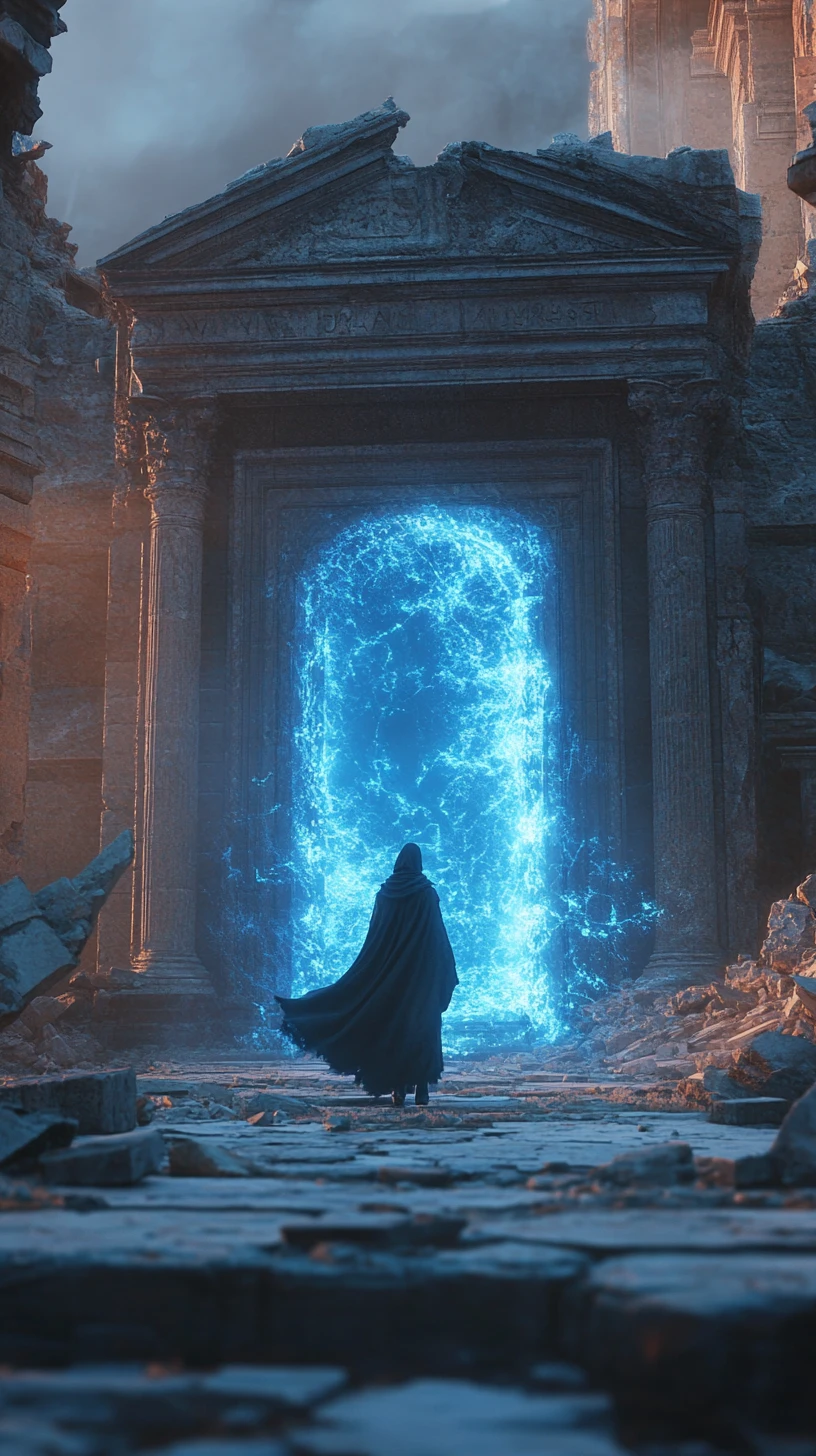 Cloaked wanderer facing a glowing portal in ancient ruins