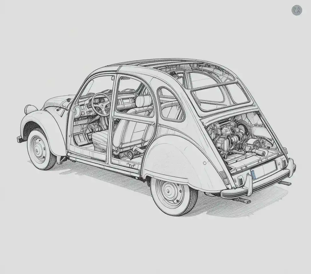 Disegno tecnico in sezione di un'auto compatta classica
