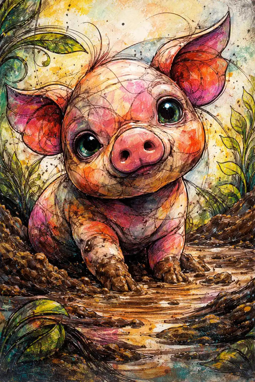 Abstract cubist baby piglet portrait with neon textures