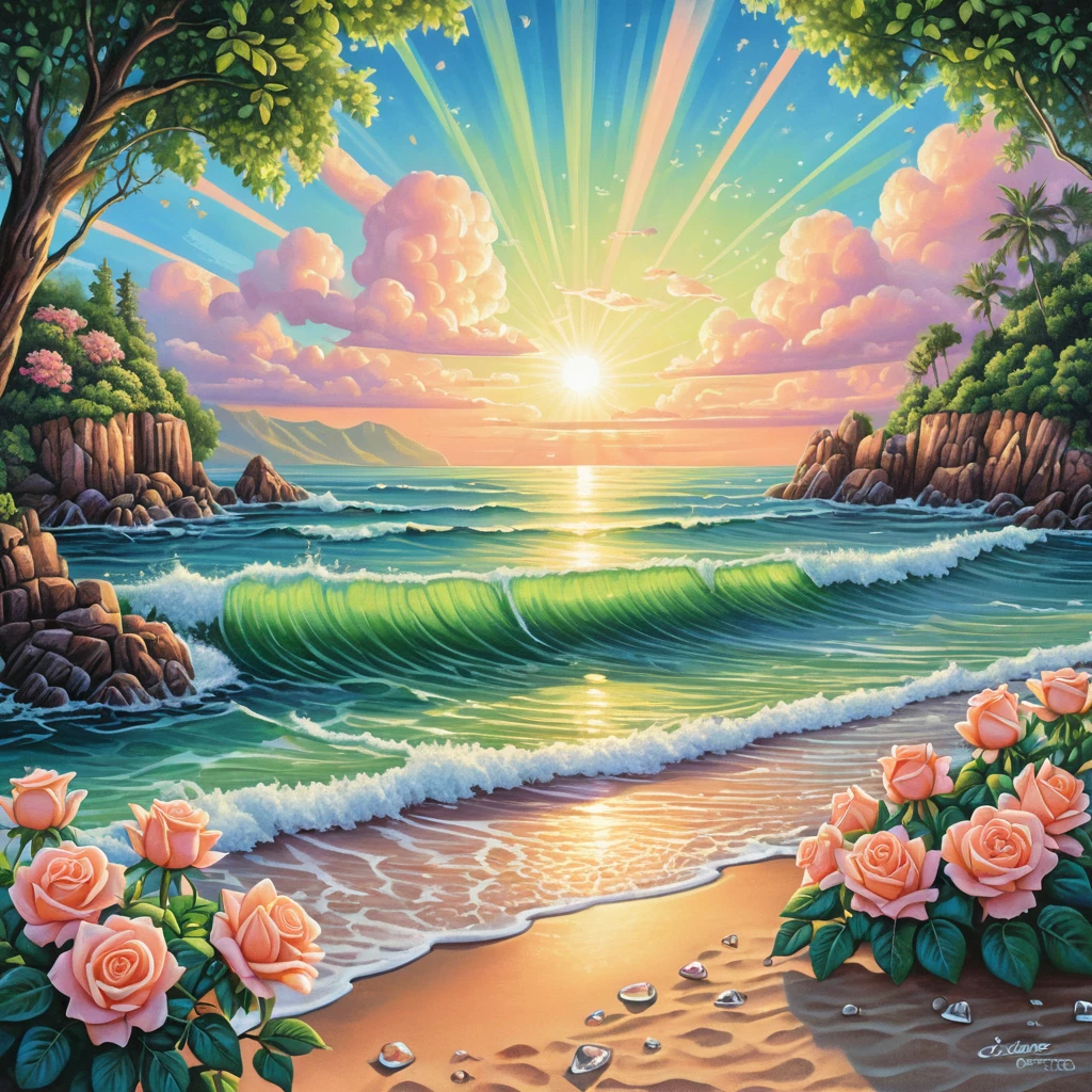 Fröhliche sommerliche Meereslandschaft mit Rosen und sonnenbeschienenen azurblauen Wellen