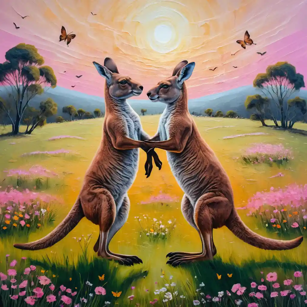 Playful Kangaroos Facing Each Other In A Summer Meadow