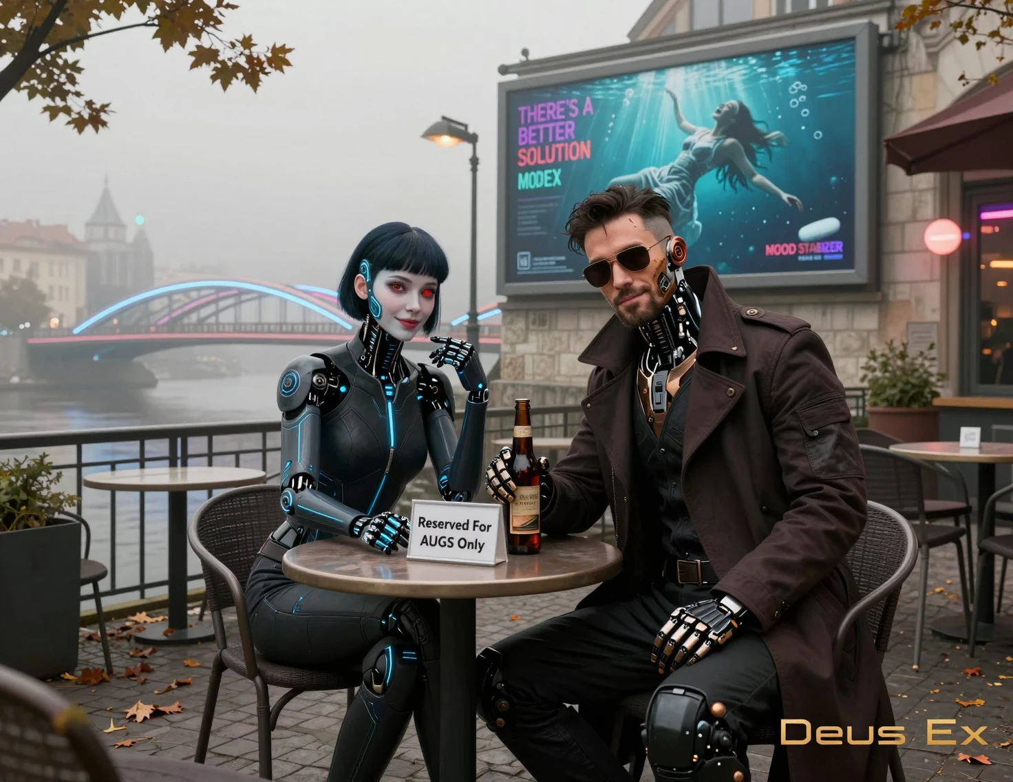 Détective augmenté et cyborg féminine à une table de café réservée