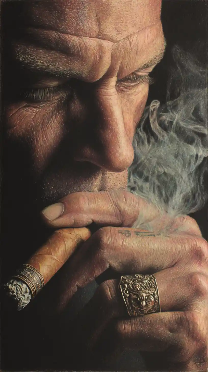 Mature man smoking a cigar in detailed color pencil portrait
