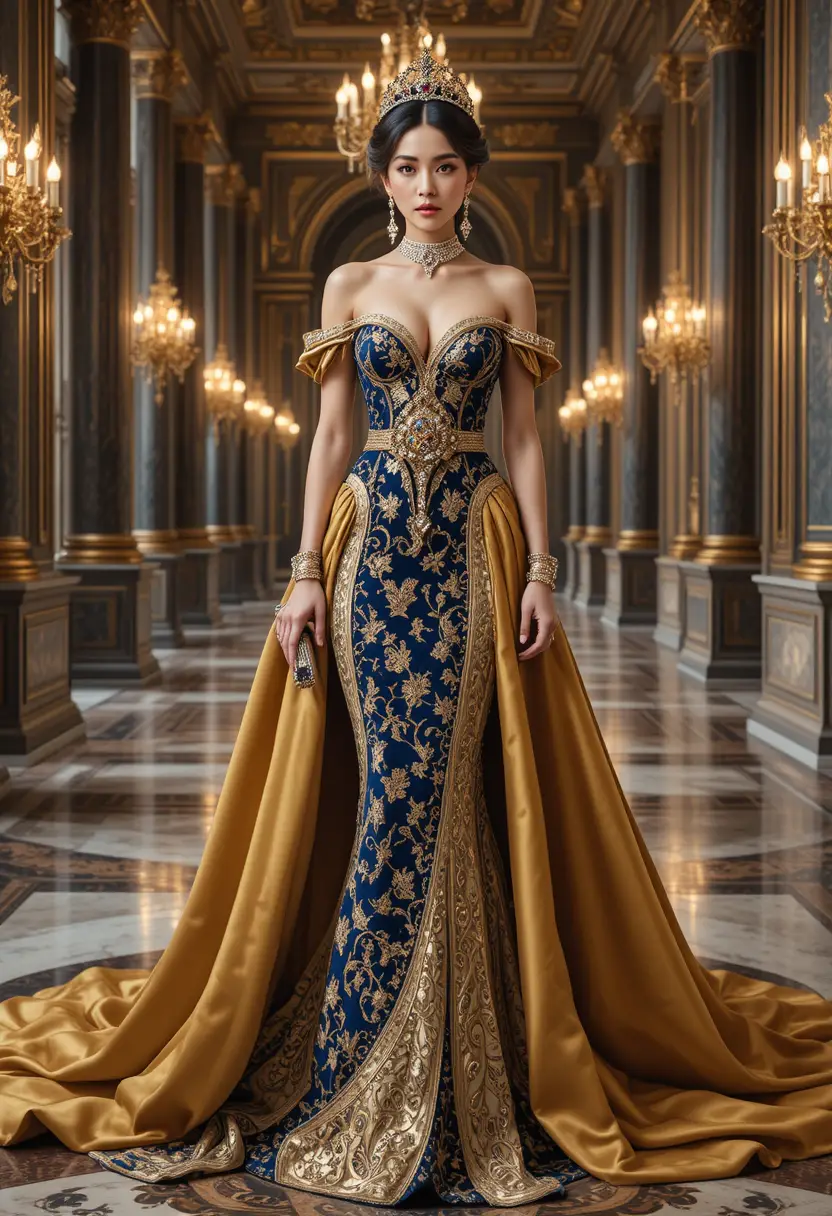 Mujer de moda regia con vestido zafiro en salón de palacio