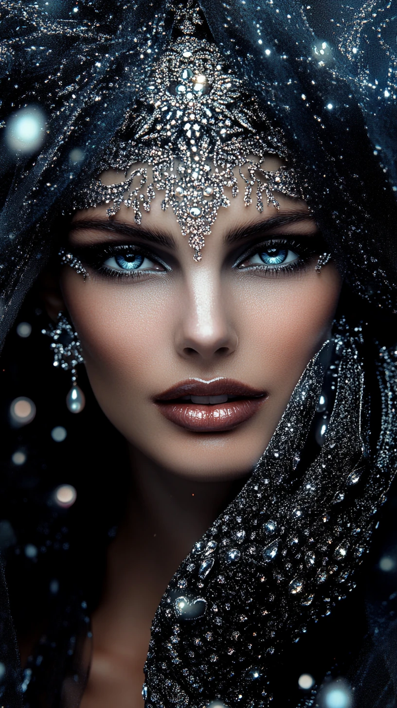 Futuristic goth woman smiling in jeweled cosmic close up