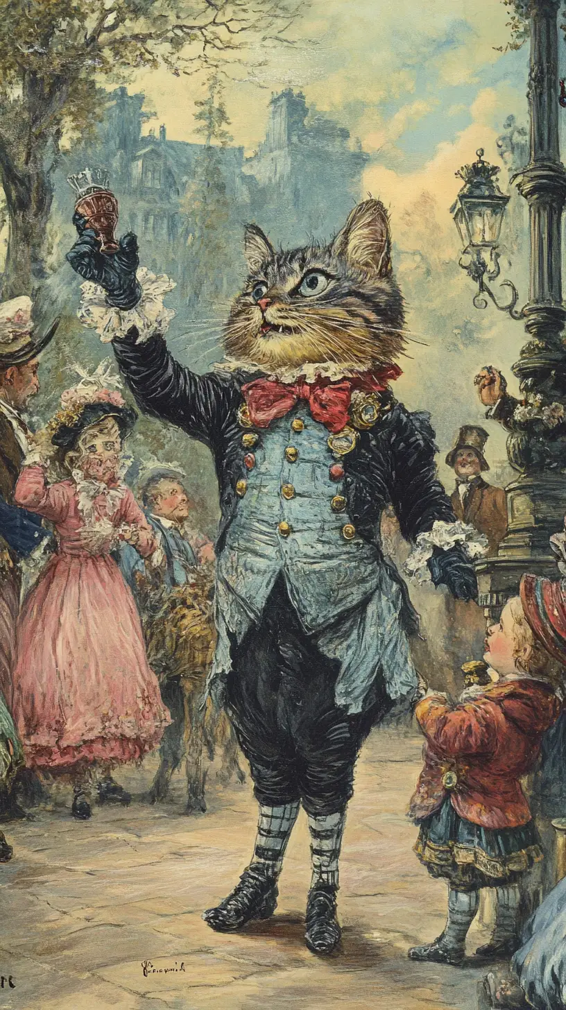 Ilustración de estilo victoriano de gatos antropomórficos en interiores