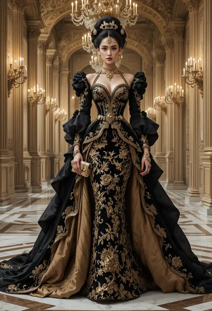 Baroque couture fashion woman in opulent palace interior