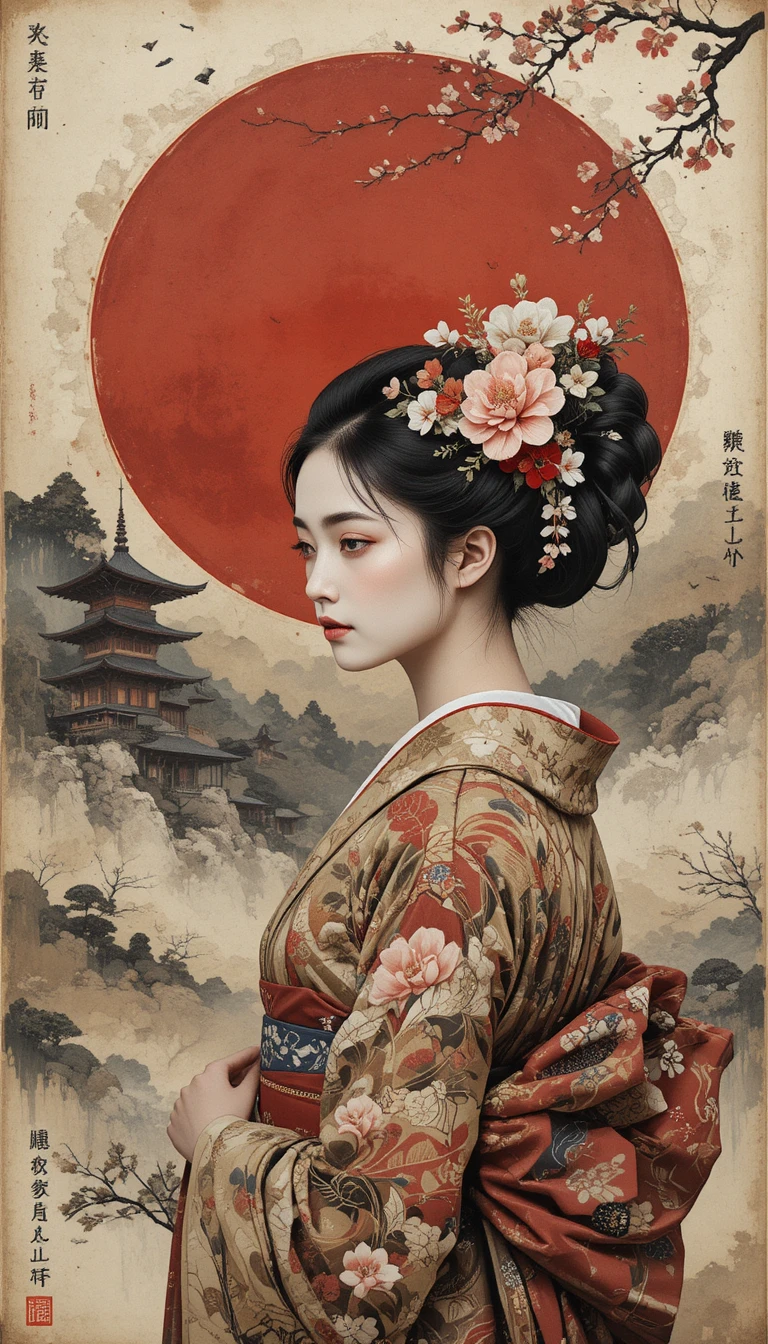 Impressionistisches Porträt einer Geisha vor vielschichtigen japanischen Motiven