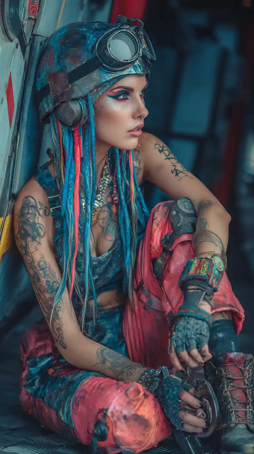 Glam-Rock-Weltraummechanikerin lehnt im Inneren eines Raumschiffs
