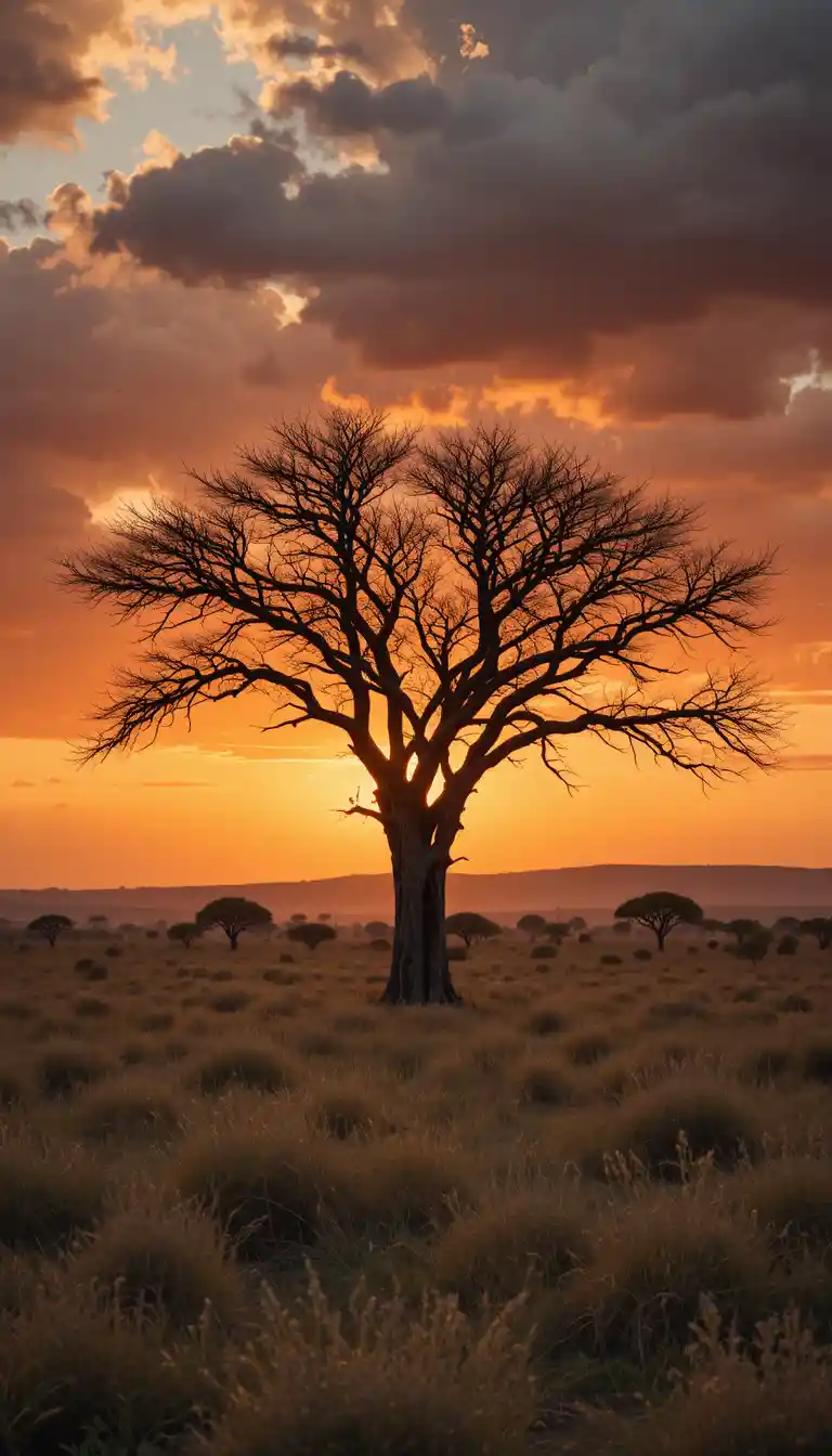 Lonely tree on a dramatic savannah at glowing sunset