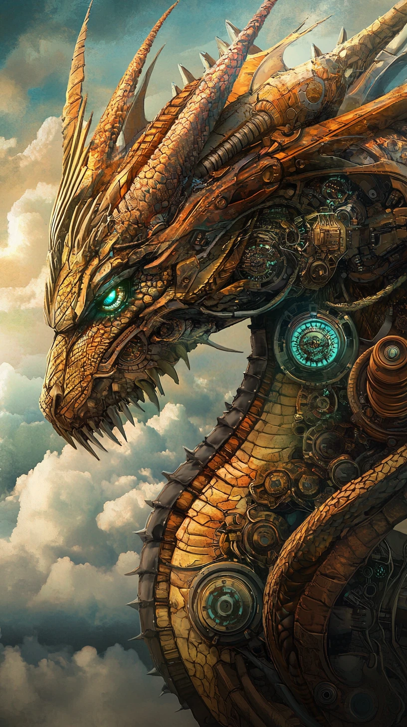 Dystopian cybernetic dragon rising from a surreal horizon
